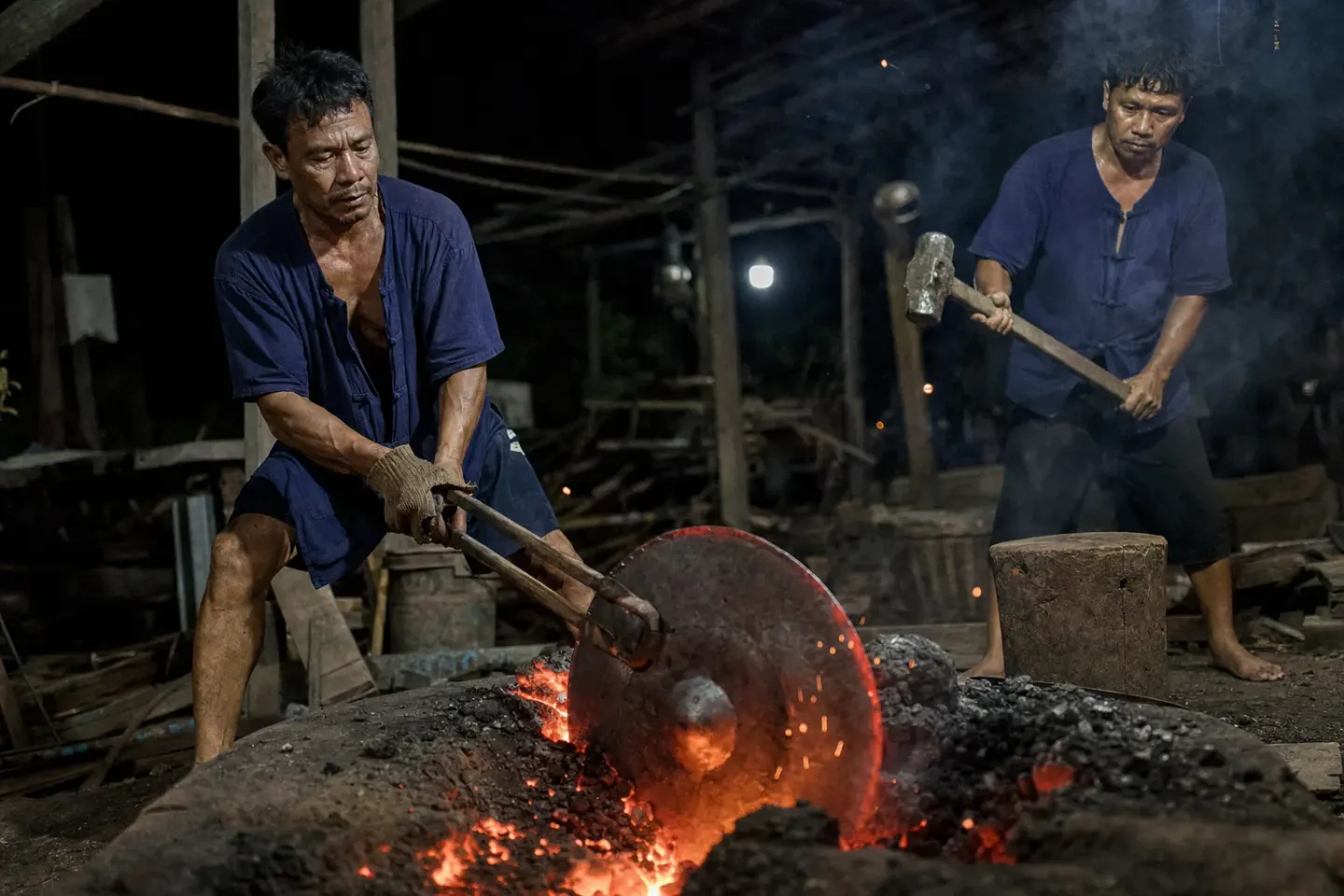 A metal gong disc glowing red over a charcoal fire pit as a maker pulls it with long tongs