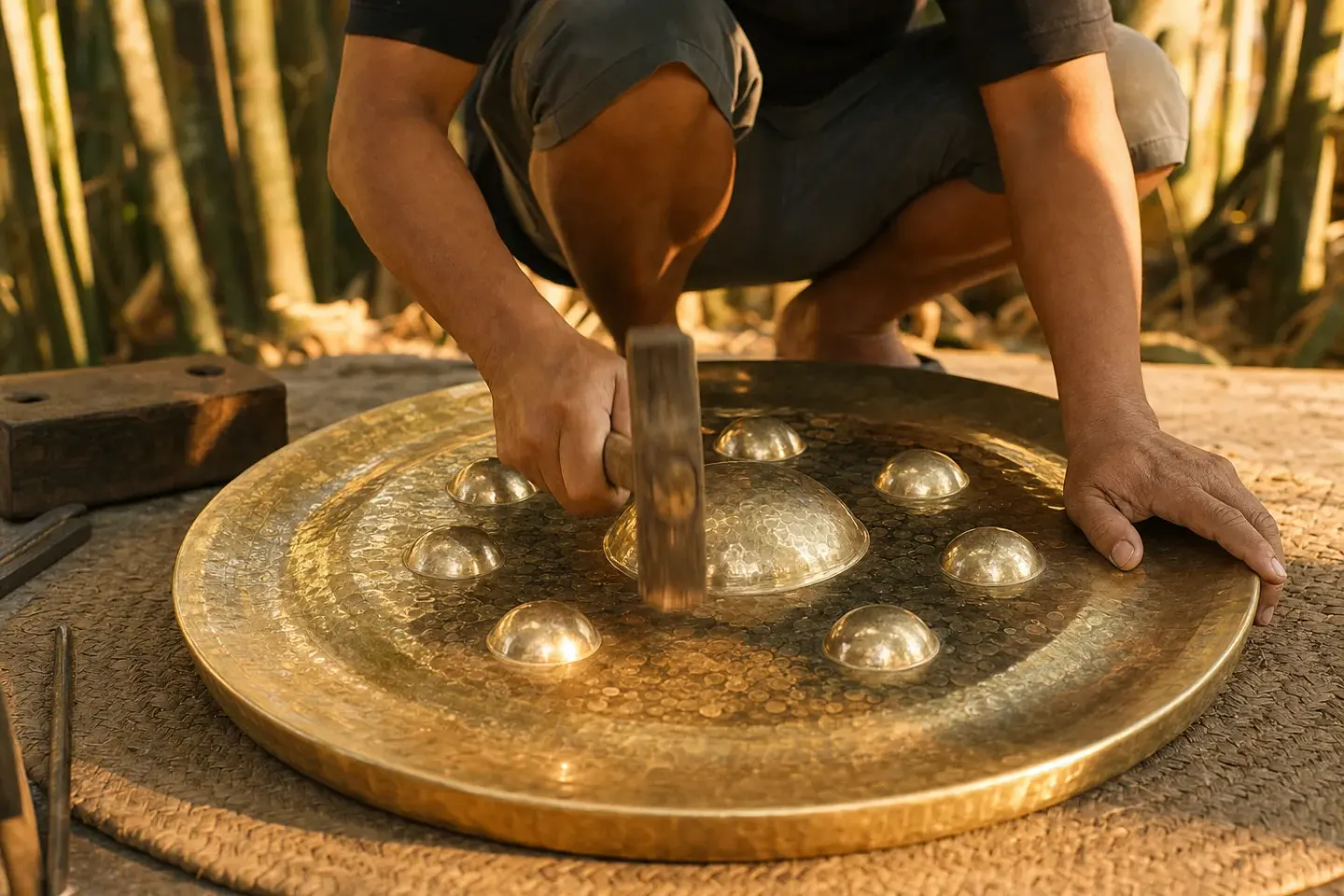 A maker's hands holding a hammer against the surface of a bossed gong