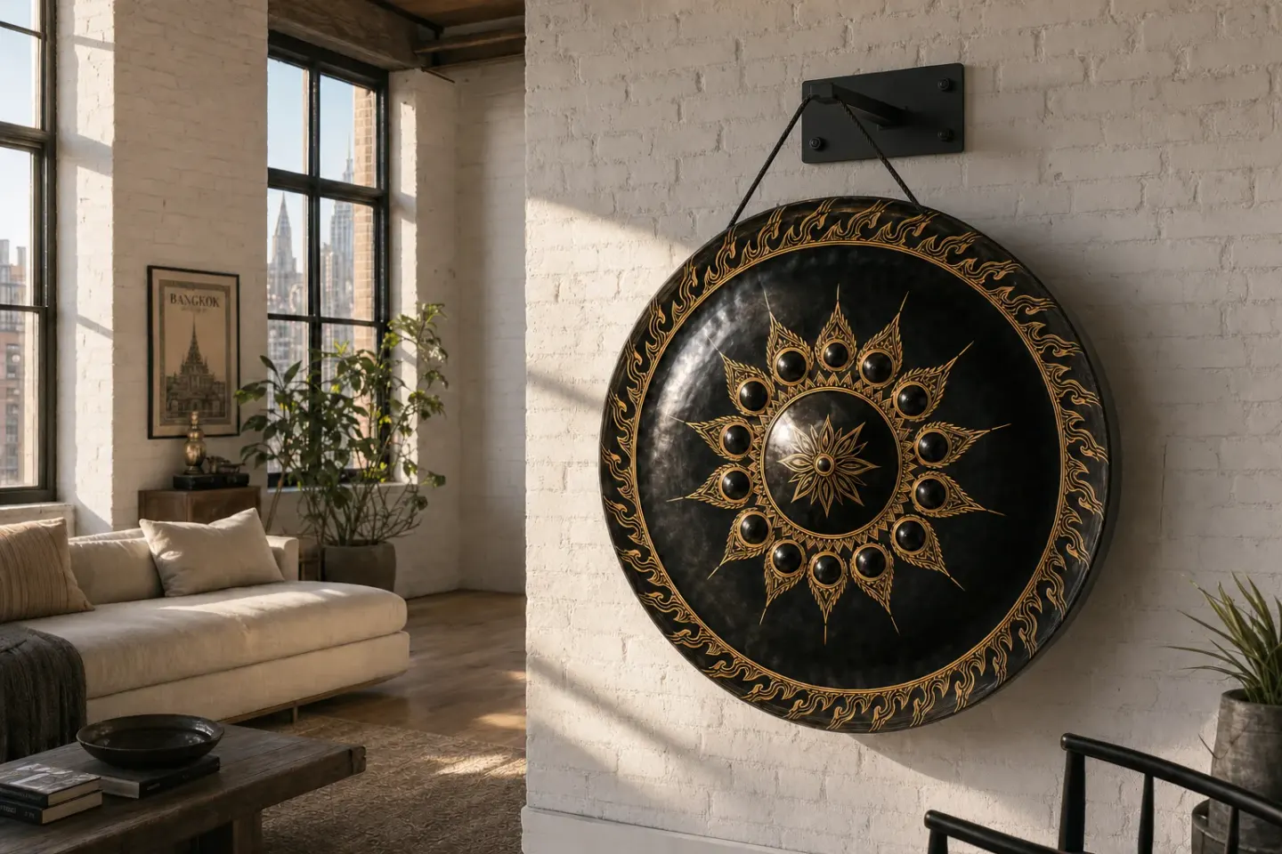 A black gong with gold engraving hanging on a white brick loft wall in morning light