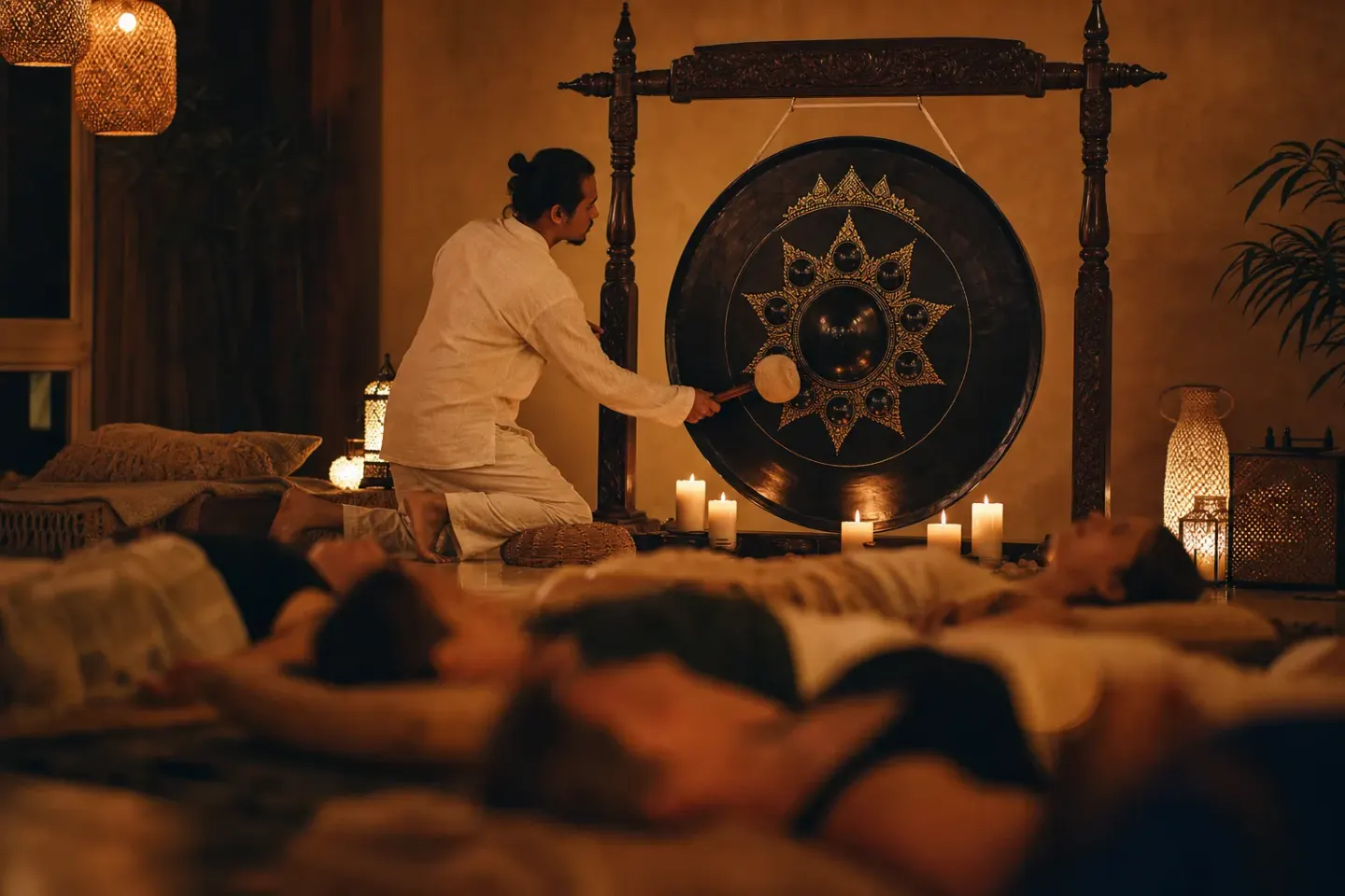 A practitioner striking a large black and gold gong during a candlelit sound bath