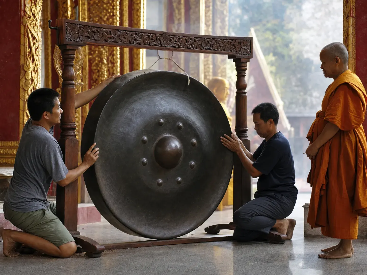 Two people steadying a large gong onto a carved stand while a monk looks on