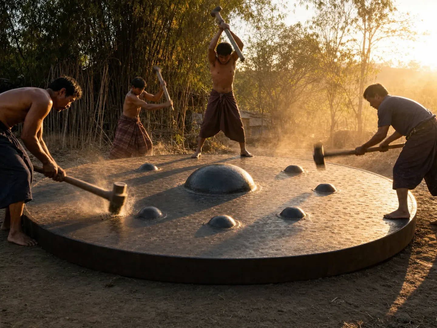 A team of artisans outdoors hammering a giant gong plate, one standing on the plate mid-swing